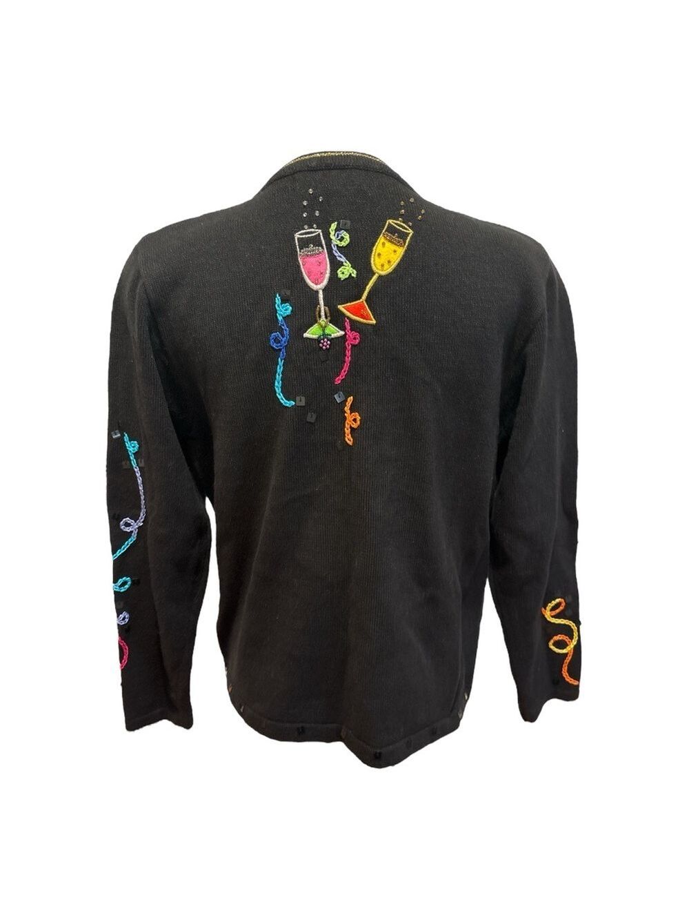 80s BERER 2 BLACK & MULTI-COLOR COCKTAILS HOUR W STREAMERS CARDIGAN SWEATER SZ S - Picture 7 of 12